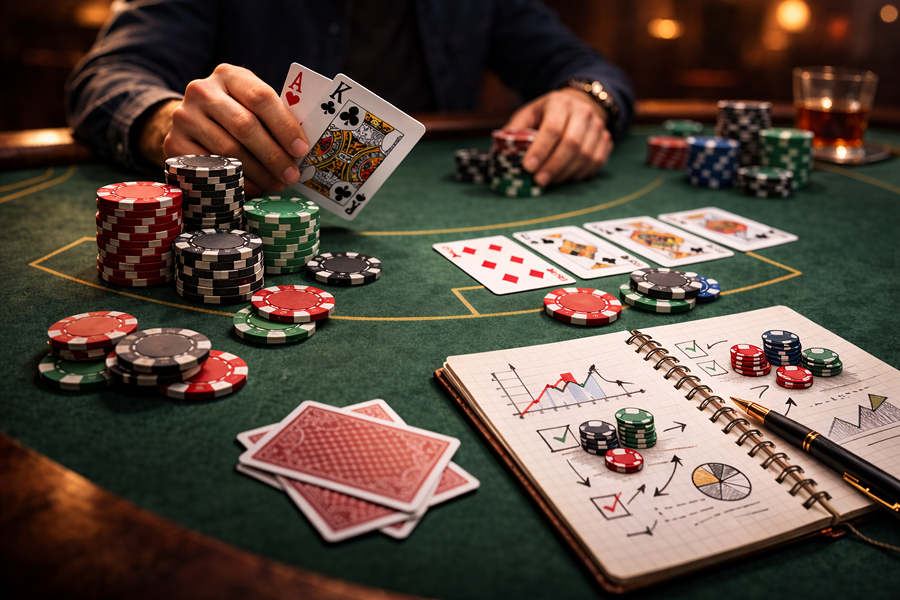 Joueur débutant avec cartes, feuille de calcul et jetons — guide pour débutants