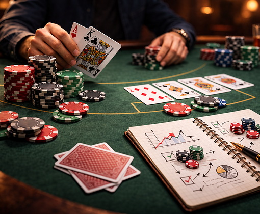 Joueur débutant avec feuille de calcul, cartes et jetons — guide pour débutants