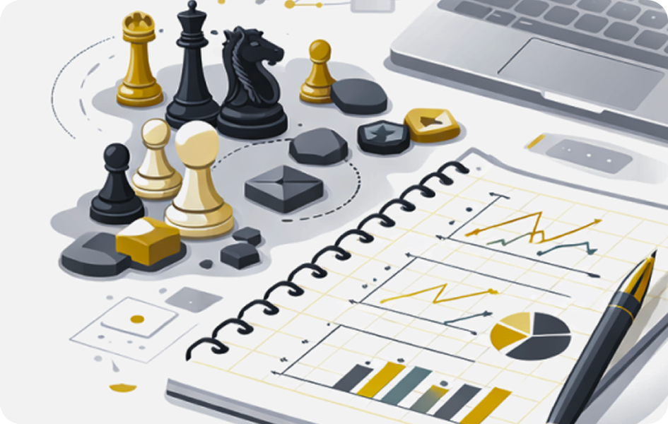 Bureau avec échiquier, jetons, ordinateur, carnet de notes avec graphiques — analyse stratégique et planification