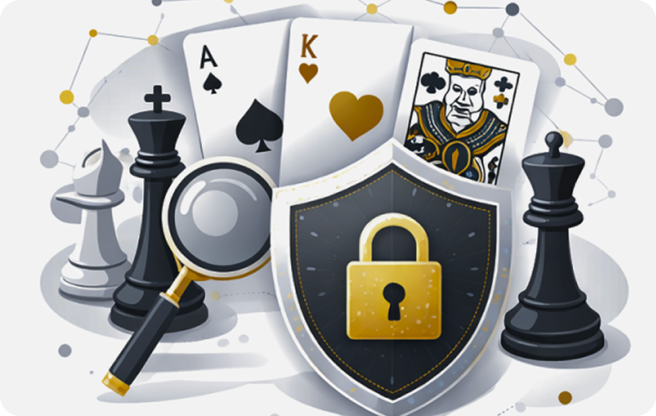 Cartes à jouer (As, Roi), échecs, loupe et bouclier avec cadenas — sécurité, analyse et stratégie