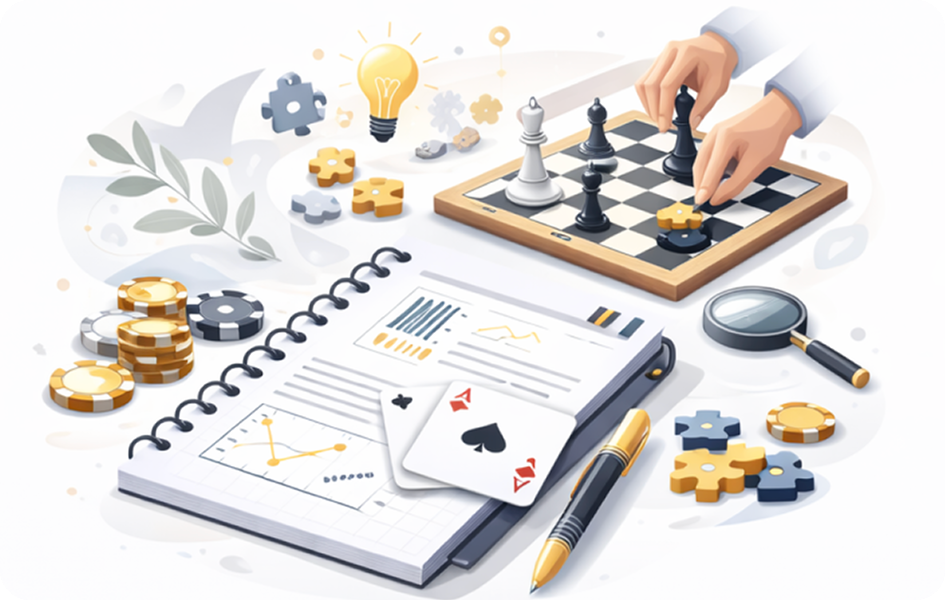 Bureau avec échiquier, jetons, ordinateur, carnet de notes avec graphiques — analyse stratégique et planification