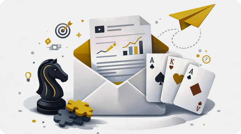 Illustration d'une enveloppe ouverte avec cartes à jouer, échiquier, graphiques et avion en papier — symbolisant conseils stratégiques et mise à jour